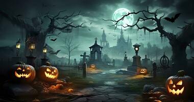 AI generated Pumpkins In Graveyard In The Spooky Night, Halloween Backdrop. Generative AI photo