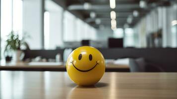 ai generado un amarillo sonriente pelota lata promover un positivo trabajo ambiente. generativo ai foto