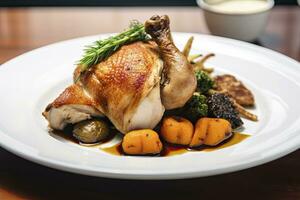 AI generated Plated chicken roast dinner on a white plate with carrot and morel mushroom. AI Generated. photo