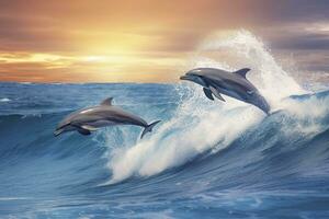 AI generated Playful dolphins jumping over breaking waves. Hawaii Pacific Ocean wildlife scenery. Generative AI photo