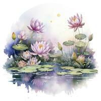 AI generated Floral Moon and Water Lilies on a white background. AI Generated photo