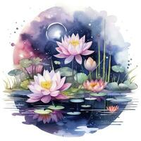 AI generated Floral Moon and Water Lilies on a white background. AI Generated photo