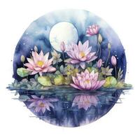 AI generated Floral Moon and Water Lilies on a white background. AI Generated photo