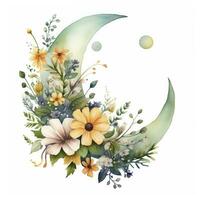 AI generated Watercolor floral Moon with greenery on a white background. AI Generated photo