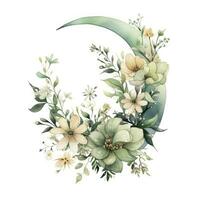 AI generated Watercolor floral Moon with greenery on a white background. AI Generated photo