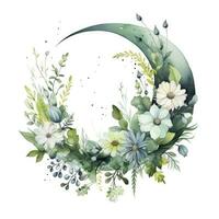 AI generated Watercolor floral Moon with greenery on a white background. AI Generated photo