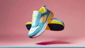 AI generated Flying trendy sneakers on creative colorful background, Stylish fashionable concept. AI Generated photo