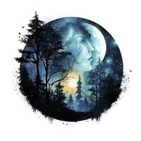 AI generated Forest moon silhouette with fairy shining in the night sky on a white background. AI Generated photo