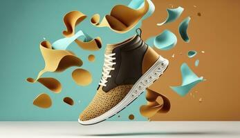 AI generated Flying trendy sneakers on creative colorful background, Stylish fashionable concept. photo