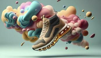 AI generated Flying trendy sneakers on creative colorful background, Stylish fashionable concept. photo