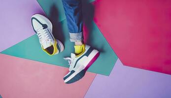 AI generated Flying trendy sneakers on creative colorful background, Stylish fashionable concept. photo