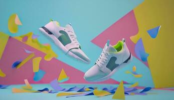 AI generated Flying trendy sneakers on creative colorful background, Stylish fashionable concept. AI Generated photo