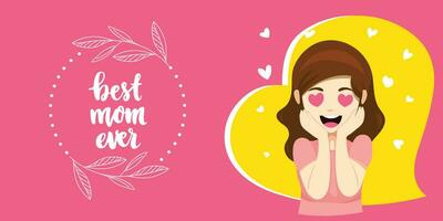 Happy Mothers Day elegant lettering banner pink. Calligraphy vector text and heart in frame background for Mother's Day. Best mom ever greeting card