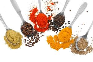 Indian Spices in Spoons on White Background photo