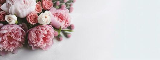 AI generated Fresh bunch of pink peonies and roses with copy space. AI Generated photo