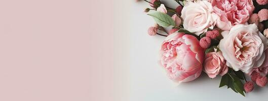 AI generated Fresh bunch of pink peonies and roses with copy space. AI Generated photo