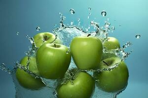 AI generated Fresh green apples fall into the water with a splash on blue background. photo