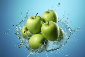 AI generated Fresh green apples fall into the water with a splash on blue background. photo