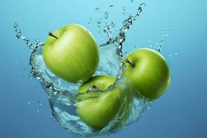 AI generated Fresh green apples fall into the water with a splash on blue background. photo