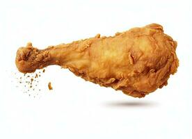 AI generated Fried chicken leg falling in the air isolated on a white background. AI Generated. photo