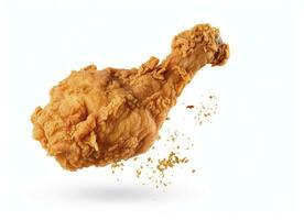 AI generated Fried chicken leg falling in the air isolated on a white background. AI Generated. photo