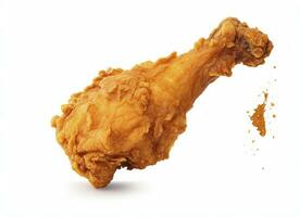 AI generated Fried chicken leg falling in the air isolated on a white background. AI Generated. photo