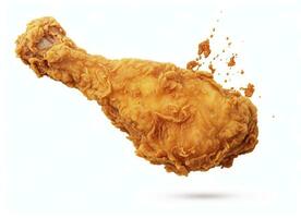 AI generated Fried chicken leg falling in the air isolated on a white background. AI Generated. photo