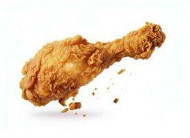 ai generado frito pollo pierna que cae en el aire aislado en un blanco antecedentes. ai generado. foto