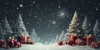 AI generated Merry Christmas and new year, gift boxes bokeh background. Christmas gifts background. AI Generated photo