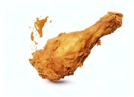 AI generated Fried chicken leg falling in the air isolated on a white background. AI Generated. photo