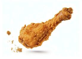 AI generated Fried chicken leg falling in the air isolated on a white background. AI Generated. photo