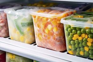 AI generated Frozen food in the freezer. Frozen vegetables. AI Generated photo