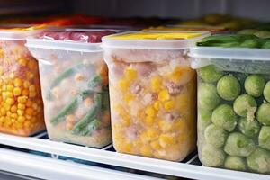 AI generated Frozen food in the freezer. Frozen vegetables. AI Generated photo