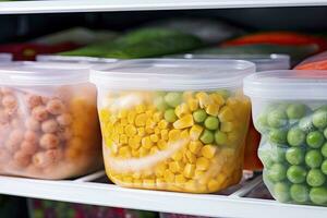 AI generated Frozen food in the freezer. Frozen vegetables. AI Generated photo