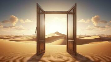 AI generated The opened door on the desert. Unknown and start up concept. AI Generated. photo