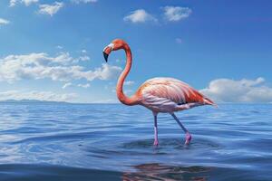 AI generated Pink Flamingo in the water. AI Generated photo