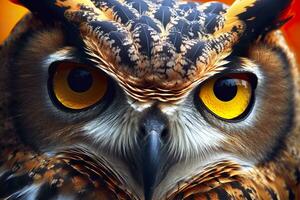 AI generated Owl headshot with closeup of face. Generative AI photo