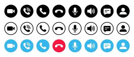 Video call button icon set screen template. Camera, handset, microphone, speaker, message, and profile vector