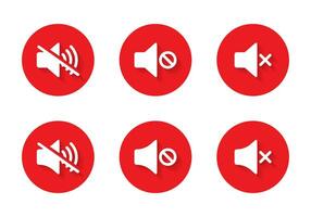 Mute speaker, no sound icon vector on red circle. Silent symbol with shadow