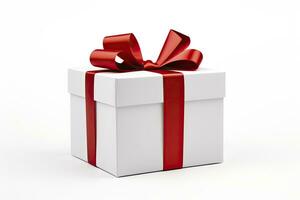 AI generated Gift box with red ribbon isolated on white background. AI Generated photo