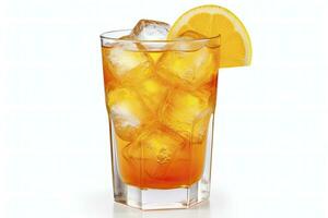 AI generated A glass of orange soda water with ice cubes on white background. AI Generated photo