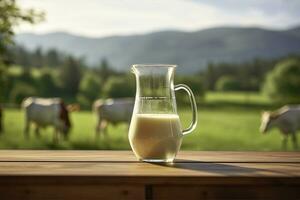 AI generated Glass pitcher with fresh milk on a wooden table. AI Generated photo