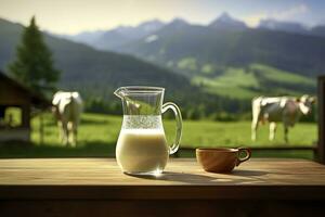 AI generated Glass pitcher with fresh milk on a wooden table. AI Generated photo