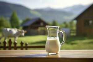 ai generado vaso lanzador con Fresco Leche en un de madera mesa. ai generado foto