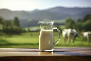 AI generated Glass pitcher with fresh milk on a wooden table. AI Generated photo