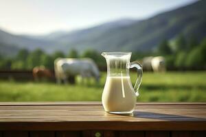 ai generado vaso lanzador con Fresco Leche en un de madera mesa. ai generado foto