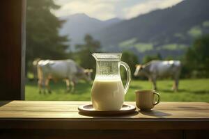 AI generated Glass pitcher with fresh milk on a wooden table. AI Generated photo