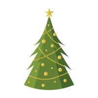 Christmas tree. New Years and Xmas traditional symbol tree with garlands, balls and star. Vector illustration in flat style isolated on white background.