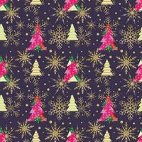 Seamless  Christmas  pattern with geometric trees and golden snowflakes on purple background vector