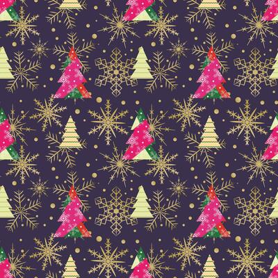 Seamless  Christmas  pattern with geometric trees and golden snowflakes on purple background